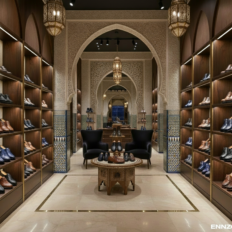Luxury shoe store interior with 'ENNZO' branding